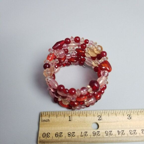 Vintage Red and Pink Memory Wire Coiled Bangle Bracelet, Wide Chunky Estate - Picture 5 of 7